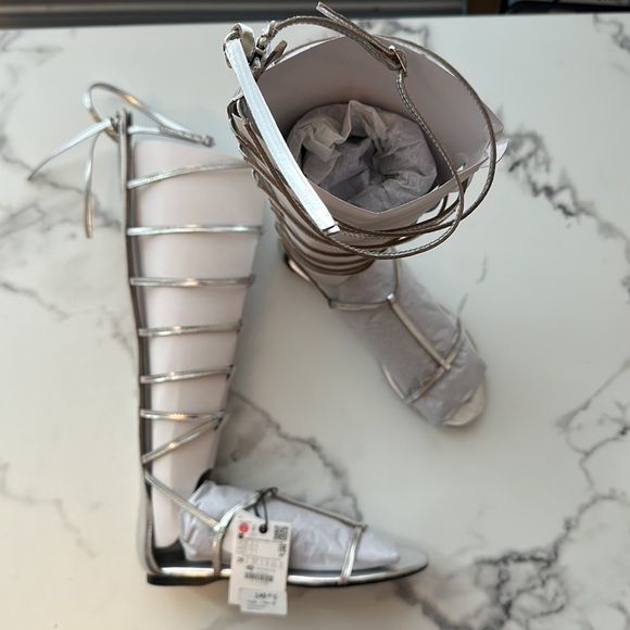 NEW Zara Tall Mid Calf Metallic Silver Gladiator Strappy Sandals 1615/010 - Picture 10 of 12
